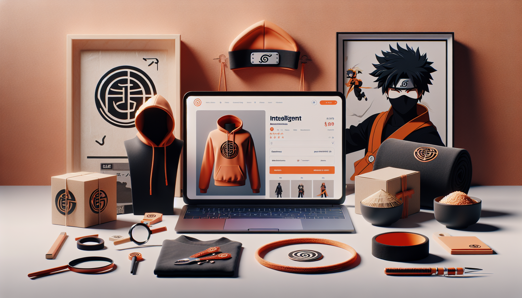 Smart buying guide for Naruto merchandise online: laptop with store, hoodie, headband, figure, poster tube, and ramen decor with quality and license symbols.