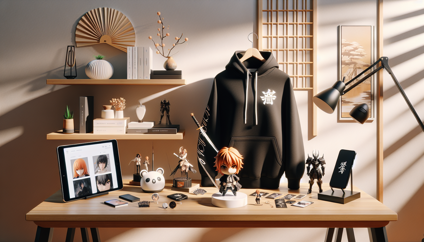 Premium Bleach merchandise on a Scandinavian desk corner: Ichigo-inspired figure, black hoodie and accessories, e-commerce on a laptop, warm lighting.