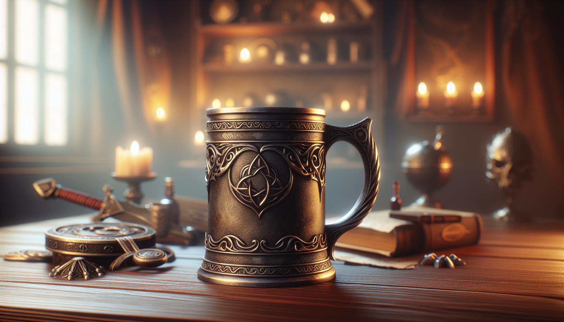Detailed Elden Ring-inspired collectible tankard in dark metal on a wooden table in a gaming room, with golden ring glow and dramatic lighting.
