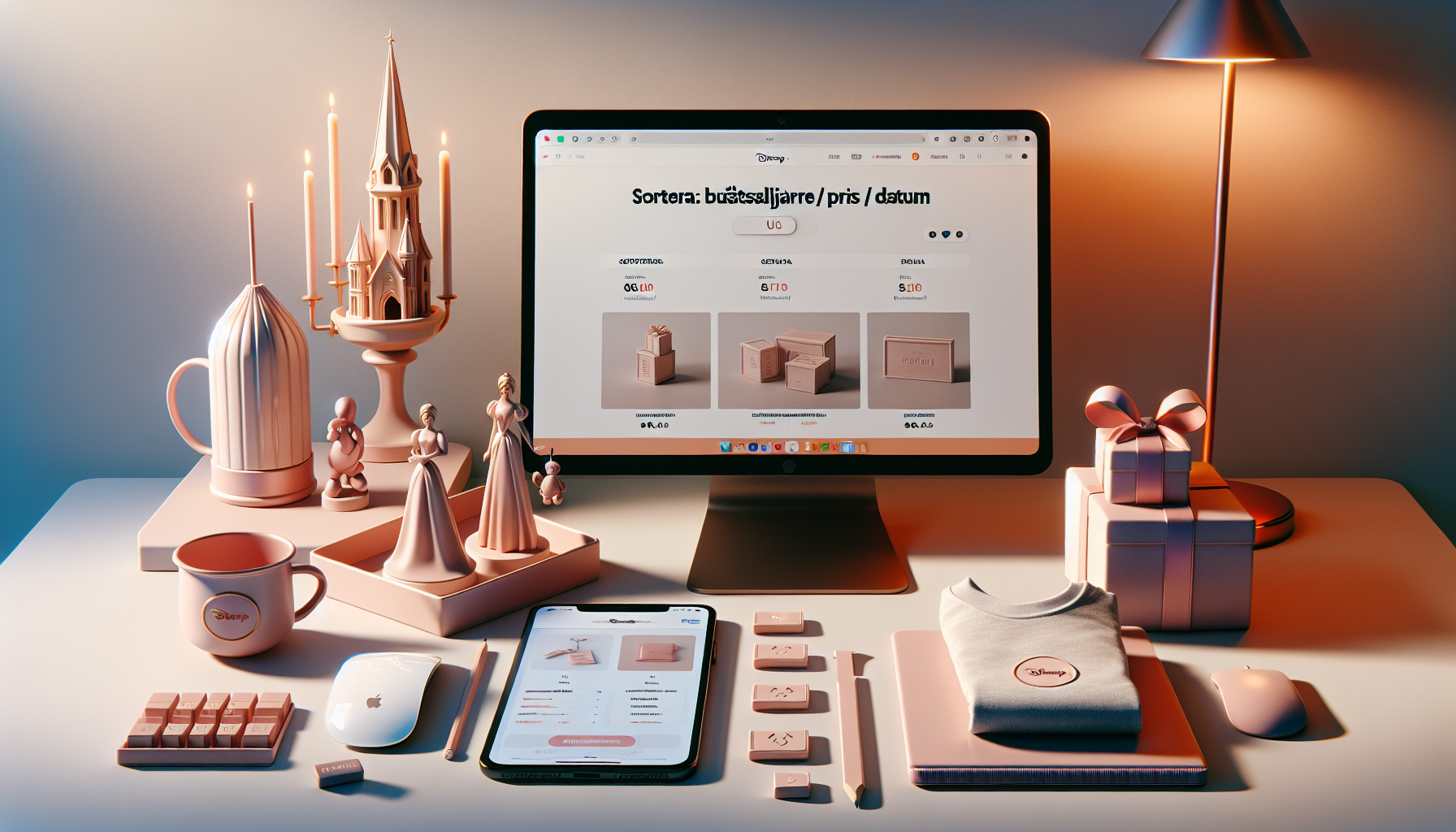 Laptop and mobile with webshop and sorting filters, Disney-inspired collectibles,