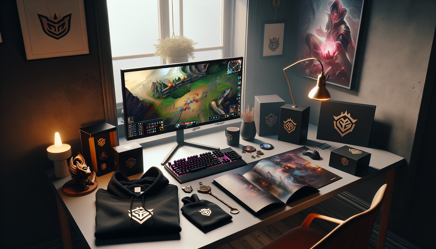 Official League of Legends merch from Nerdbutiken.se on a black gaming desk in a Scandinavian apartment with a figure, hoodie, poster, and accessories.