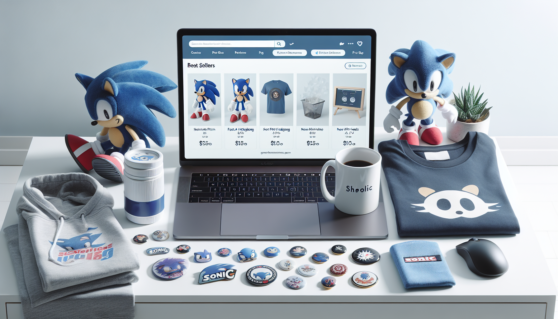 Flat lay with Sonic-inspired collectibles, clothes, and mugs on a light desk, with a laptop showing web store filters for Nerdbutiken.se.