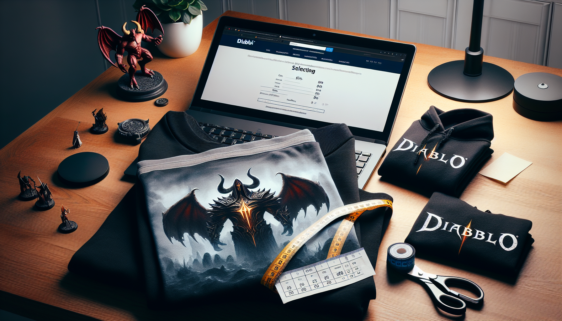 Vikt Diablo-inspirerad T-shirt och hoodie i premium bomull på nordiskt skrivbord med måttband och storleksguide, laptop med webbutik i bakgrunden.