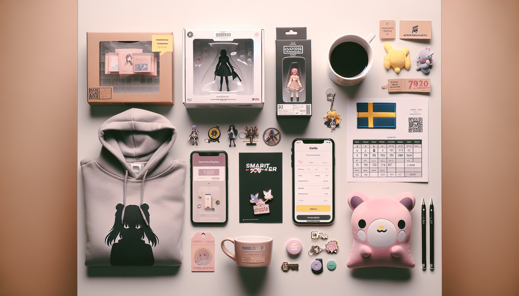 Flatlay av anime-merch på skrivbord med svensk webbshop i mobil, SEK-priser, preorder-etikett och licenshologram – köpa Spy x Family-merch i Sverige