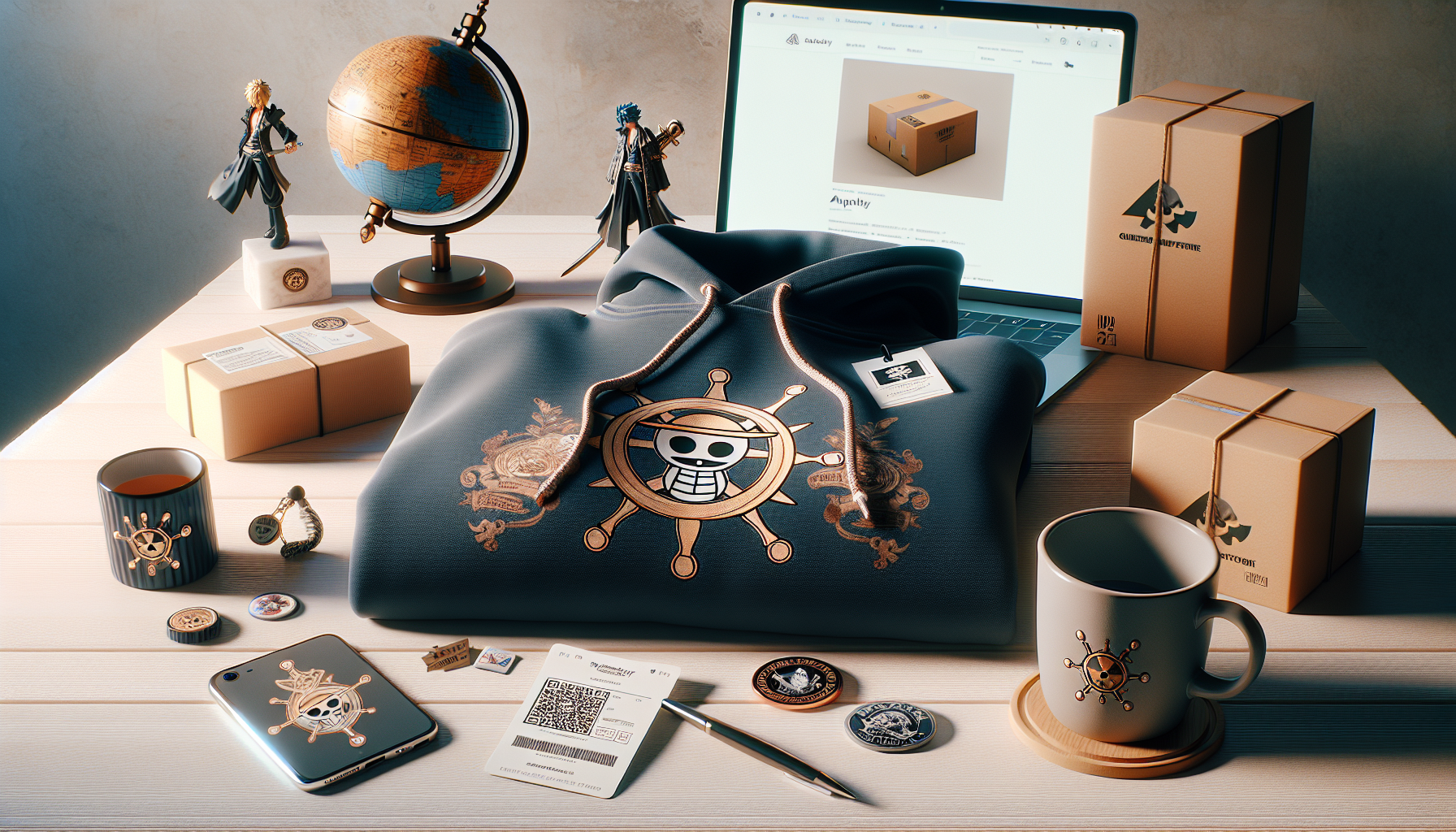 One Piece-inspirerad samlarfigur, hoodie, mugg och pins på skrivbord med äkthetskort och fraktkartong – guide till köp av merch i svensk webbutik.