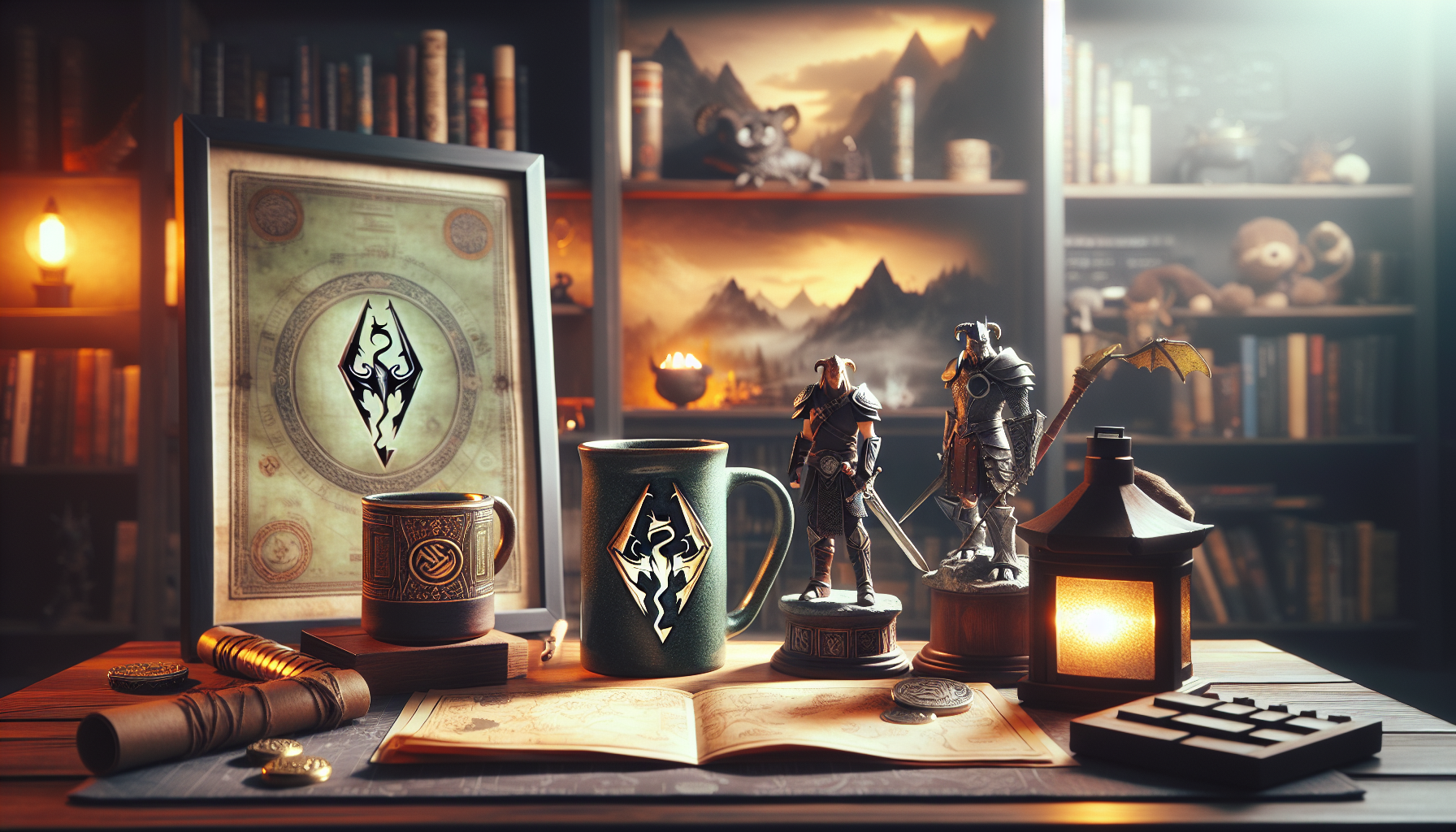 Gaming corner with Elder Scrolls-inspired merch: ceramic mug with rune patterns, collectible figure, fantasy poster, and emblem in warm lighting.