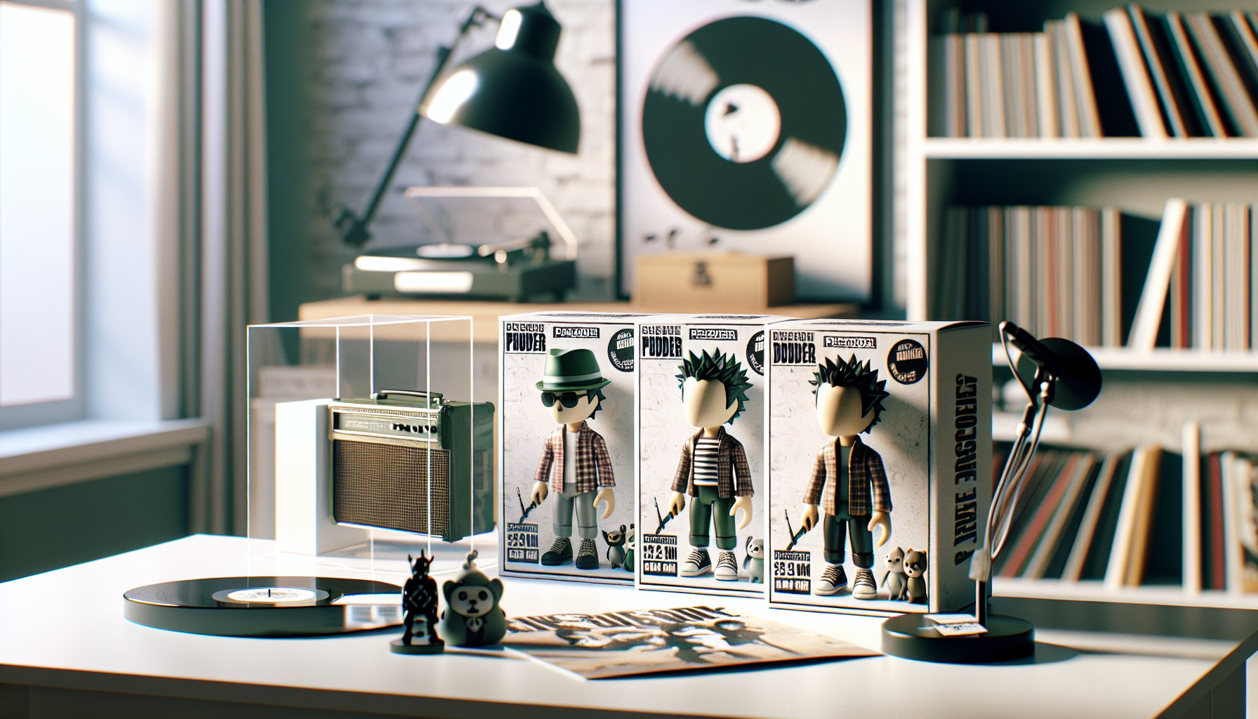 Tre Funko Pop-inspirerade Green Day-samlarfigurer med mint boxar i skyddsplast, etiketter “förhandsbokning” och “i lager” på skrivbord.