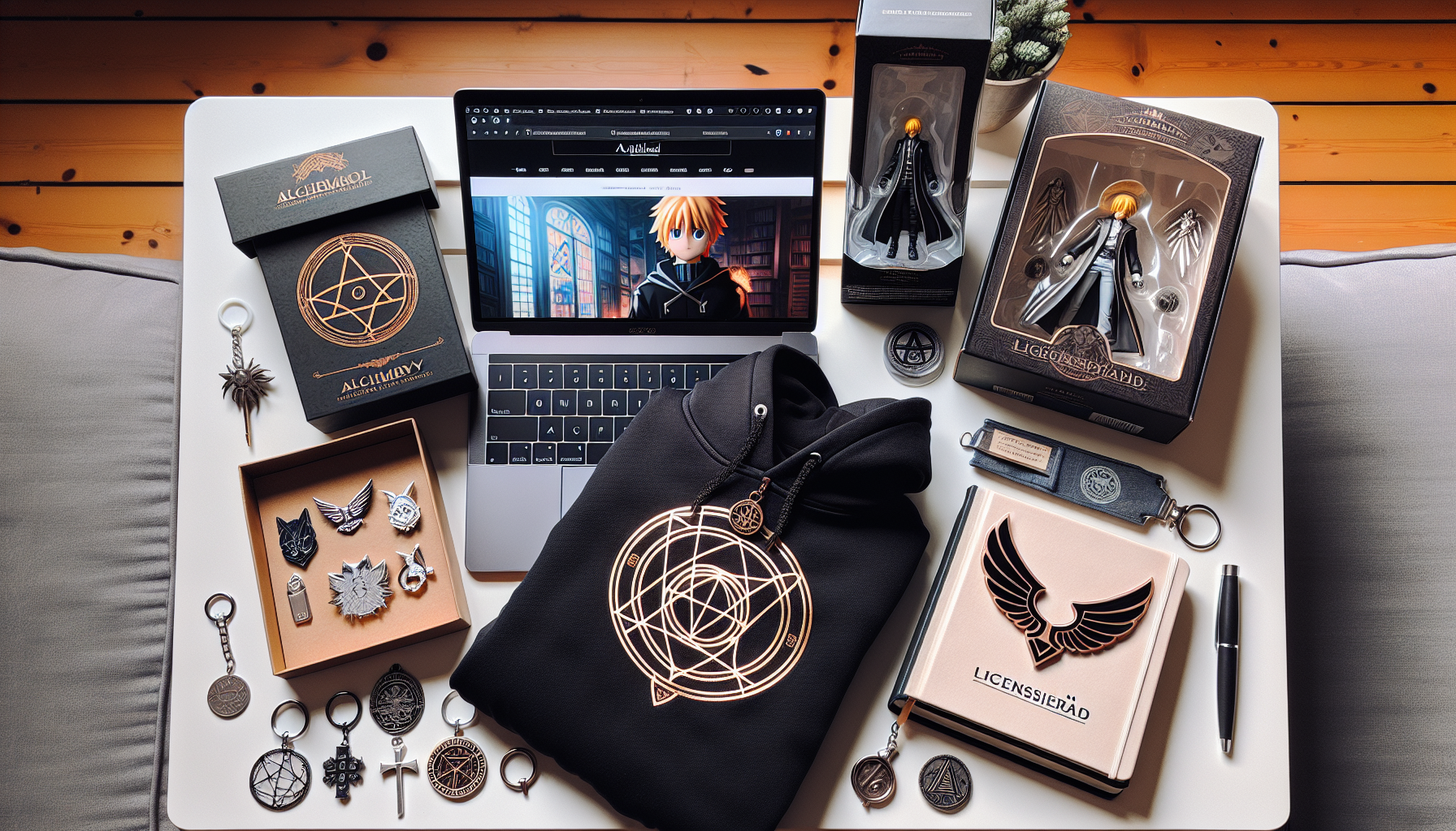 Flat-lay with licensed Fullmetal Alchemist-inspired merch online: alchemic circle, pin, hoodie, collector boxes, and e-commerce on a laptop.