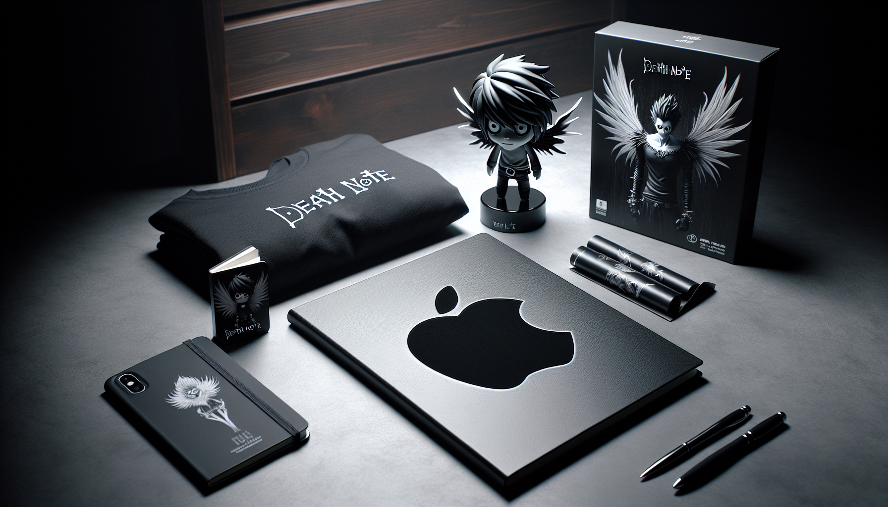 Death Note-inspired merchandise: open black notebook, shinigami chibi, t-shirt, collector's box and poster on a dark studio background.