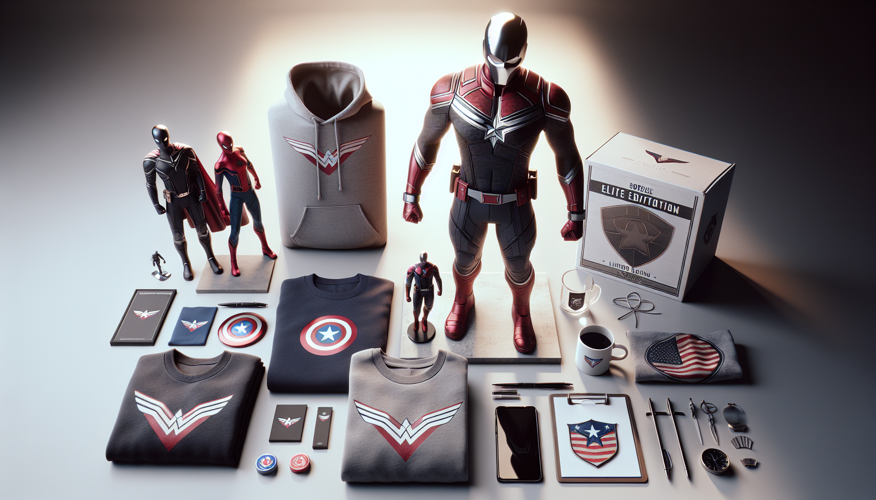 Flat lay med Spider-Man-samlarfigur, hoodie, t-shirt, limited edition-box och mugg på skandinavisk yta – köp Spider-Man merch på Nerdbutiken.se