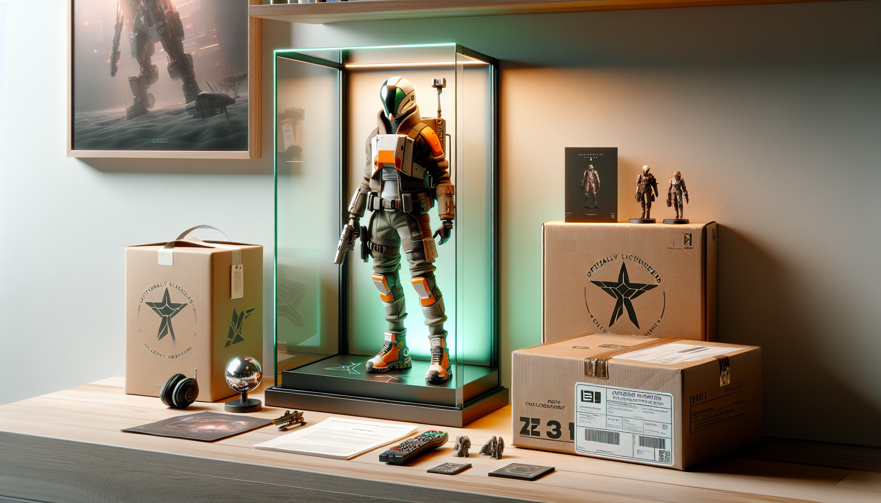 Premium Cowboy Bebop collectible figure in a Swedish Scandinavian display shelf with a glass case, authenticity card and packaging, neon lights and bokeh.
