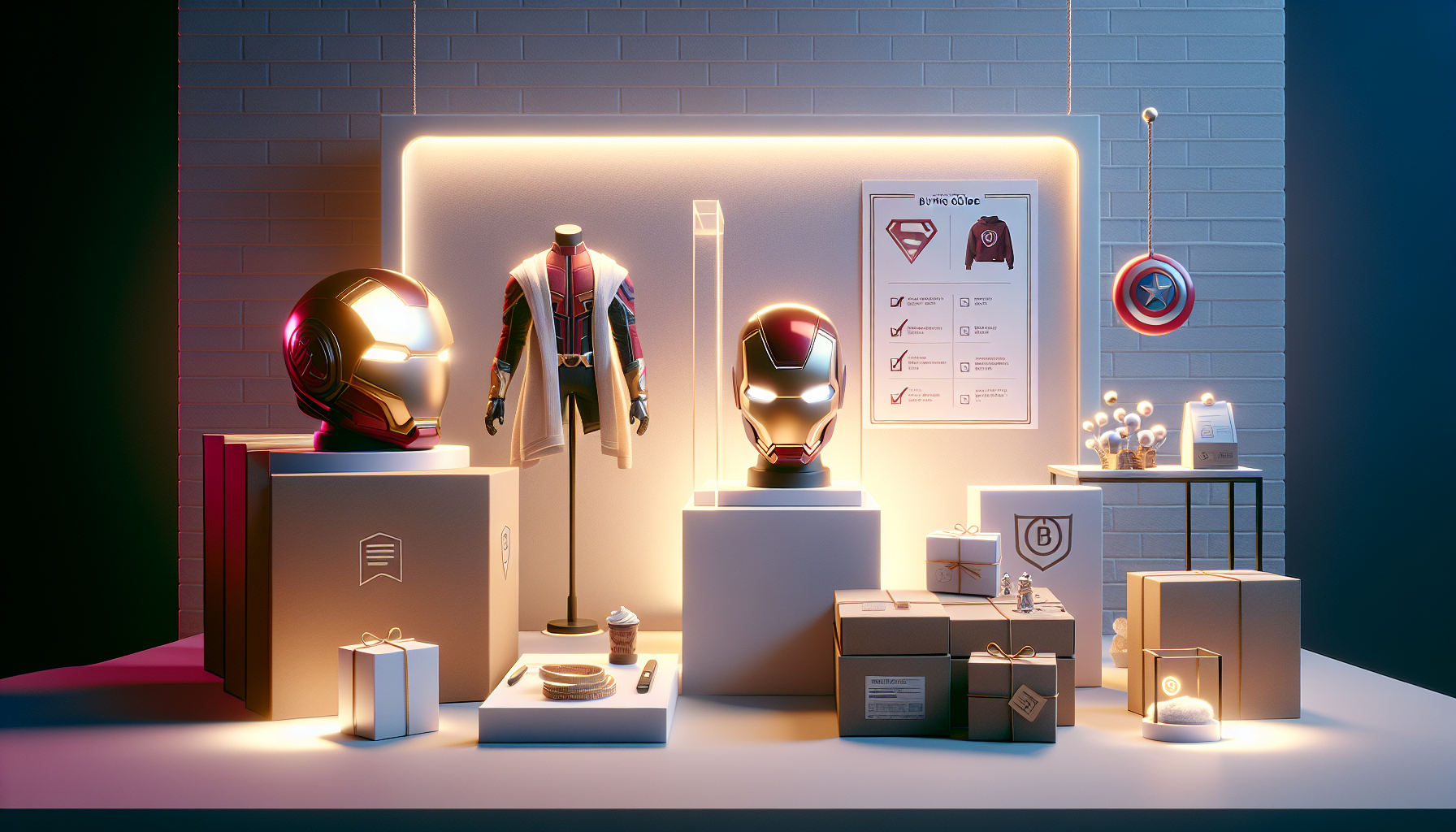 Iron Man collectibles on a Scandinavian desk shelf – red-gold helmet, figure, and glowing Arc Reactor, with a checklist for purchase tips.