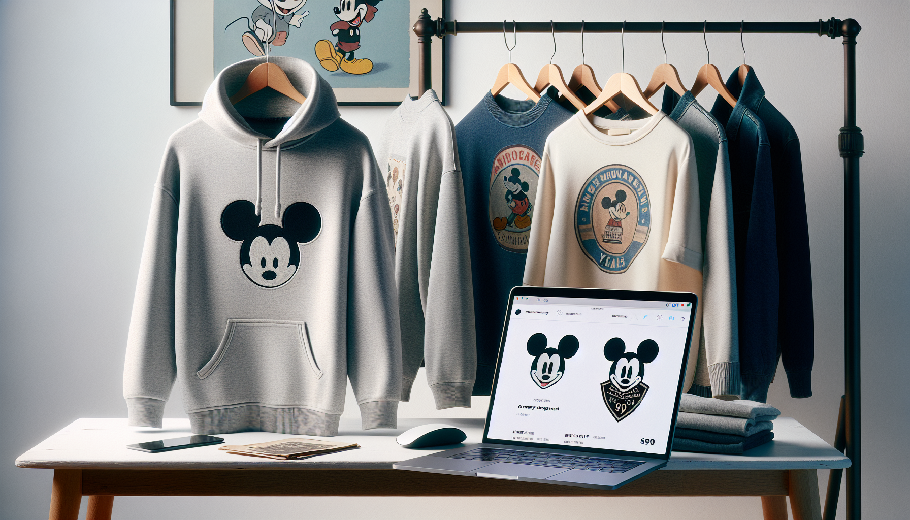 Disney-inspirerade tröjor på klädställning i skandinavisk studio, retro musmotiv och “90 years”-tryck, e-handelsmiljö med surfplatta.