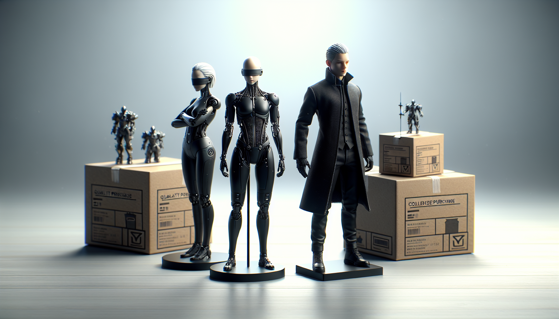 Tre fotorealistiska samlarfigurer inspirerade av NieR Automata på grått bord, med fraktkartong och sköldikon för tryggt köp i svensk webbutik.