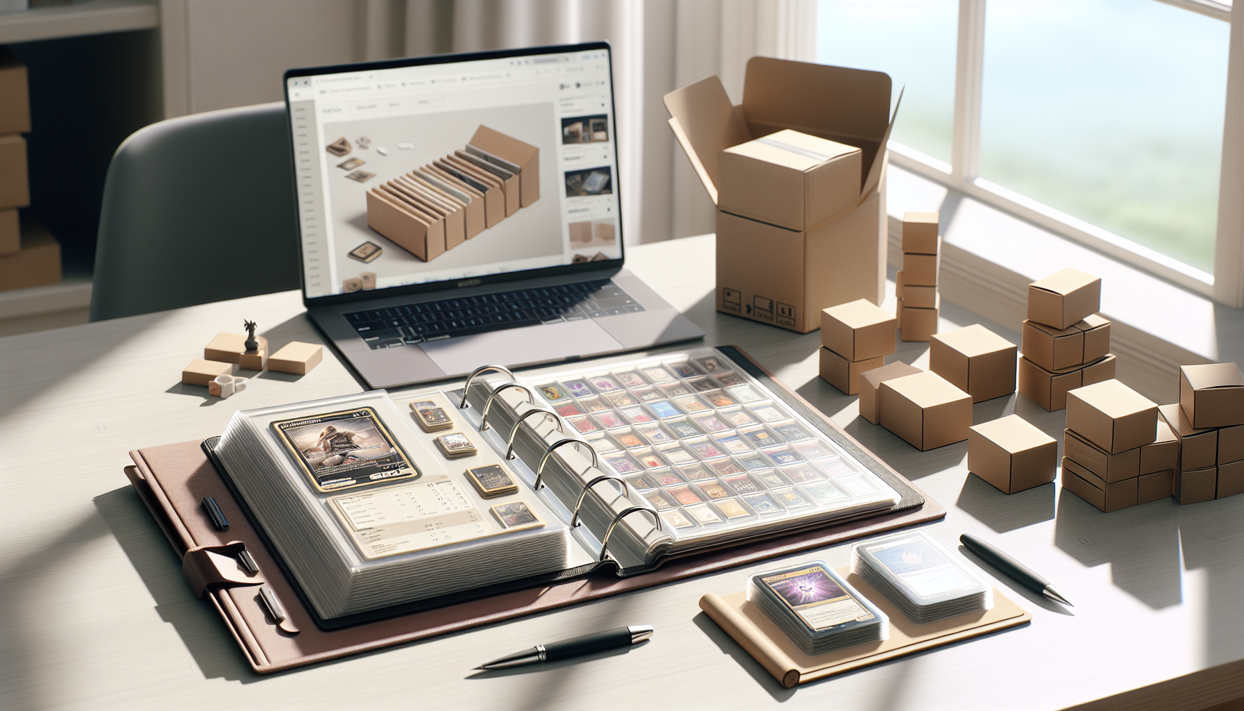 Öppet samlaralbum med stickers och booster packs på modernt skrivbord, checklista och laptop i bakgrunden – guide för att köpa samlarprodukter smartare
