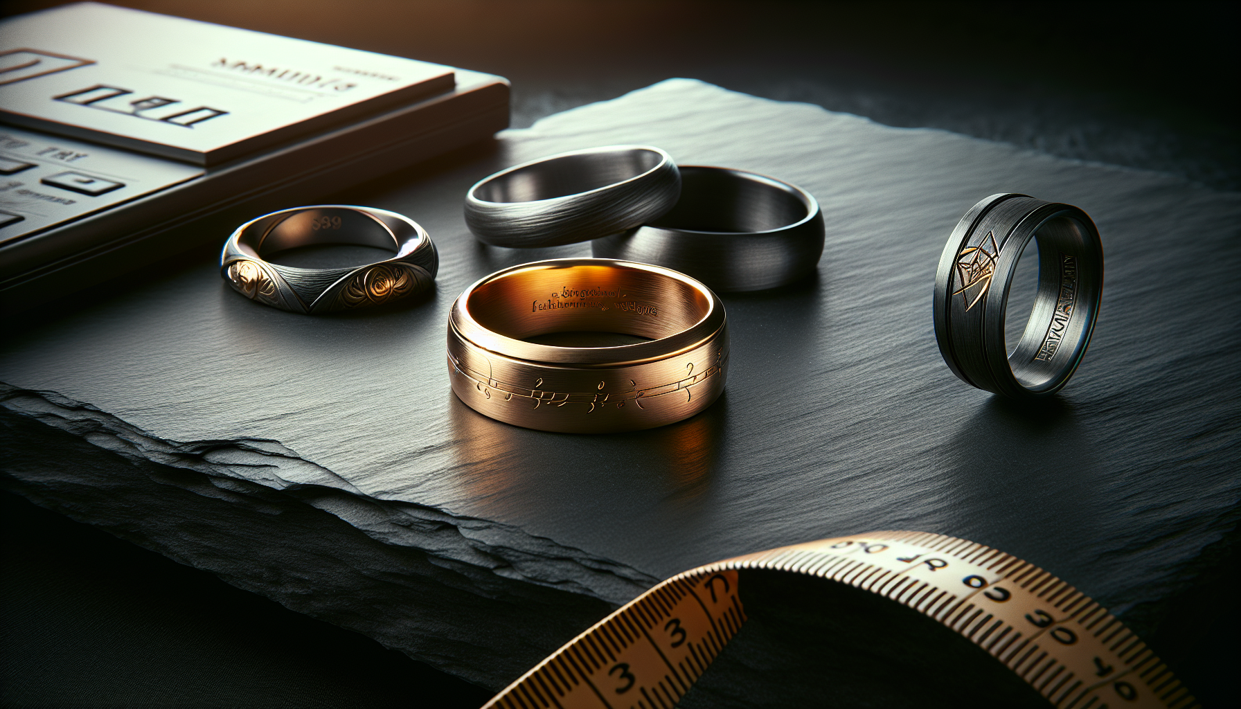 Close-up of a gold ring in One Ring style with engraved writing, two LOTR-inspired rings, and a ring sizer on dark slate – guide to choosing rings.