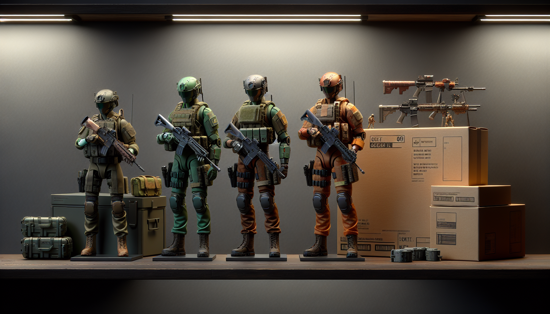 Fotorealistisk samlarhylla med 2–3 posebara 15 cm actionfigurer i G.I. Joe Classified-stil, neon/grön och brun/orange, box i bakgrund.