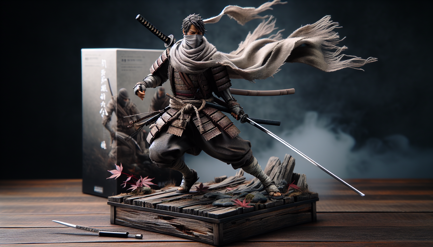 High-resolution collector's statue of a Sekiro-inspired shinobi with a drawn katana on a diorama base in feudal Japan, premium product photo with space for text.