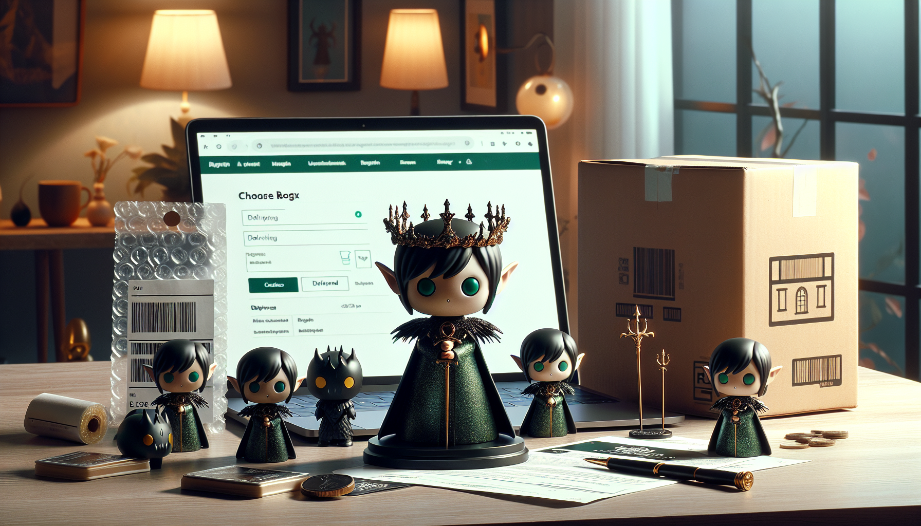 Funko POP-like fae vinyl figures on a desk next to a protected shipping box and box protector, laptop with checkout in the background.