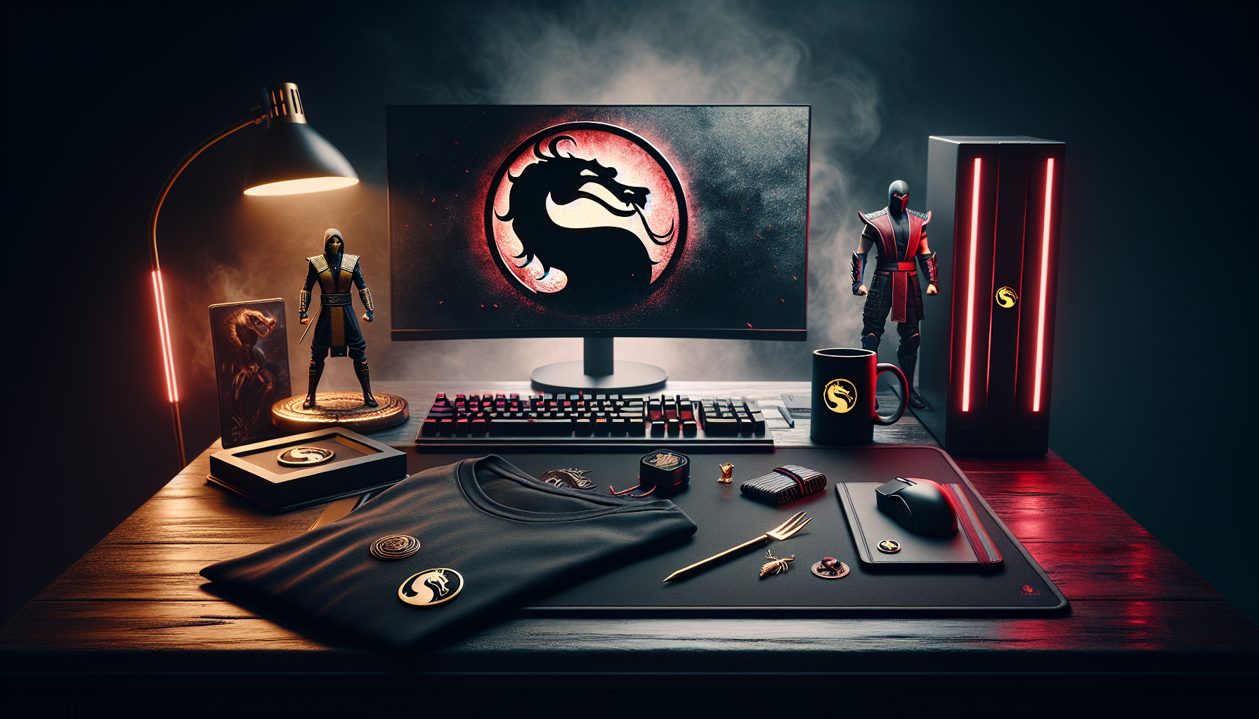 Minimalistisk gaminghörna med premium Mortal Kombat merchandise: svart T-shirt med MK-drake, samlarfigur, pin, mugg och neon i bakgrunden.