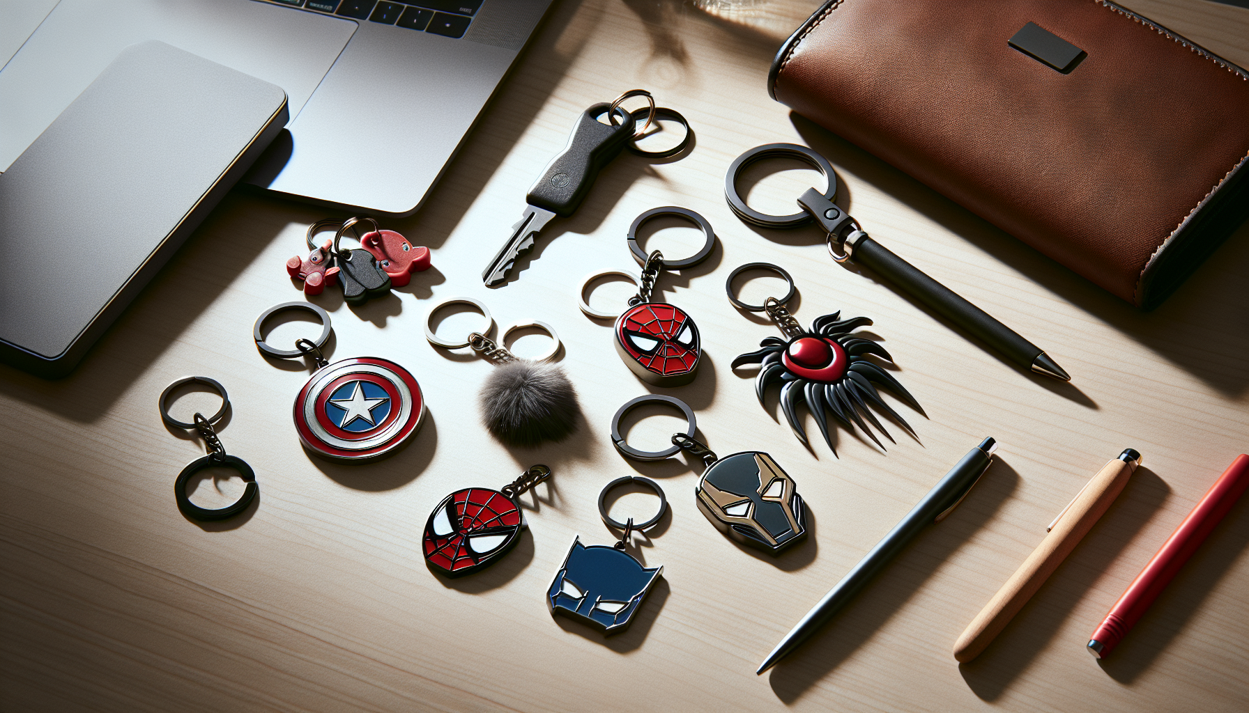 Marvel-inspired keychains in a Scandinavian minimal desk setup, photorealistic product image for Nerdbutiken.se with backpack and wallet.