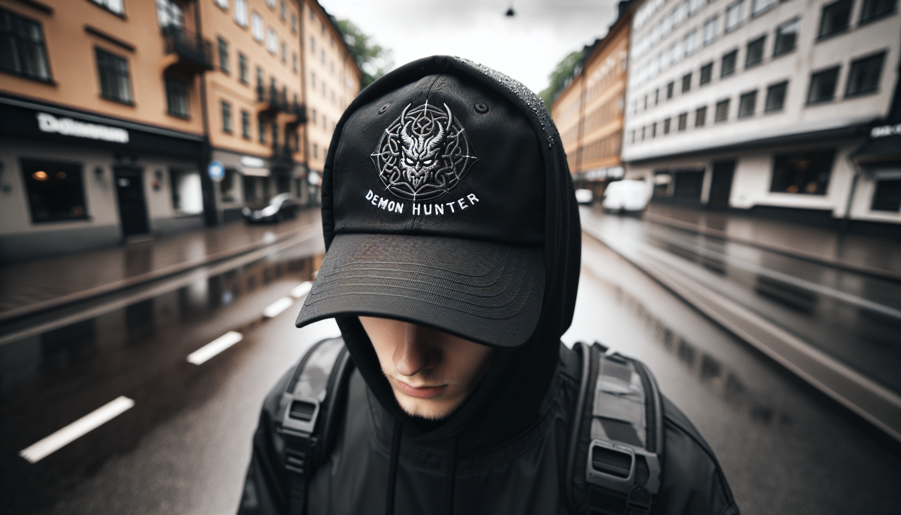Gender-neutral person in black streetwear on a rainy Stockholm street, close-up of black KPop Demon Hunters cap with embroidery, patch, and emblem.