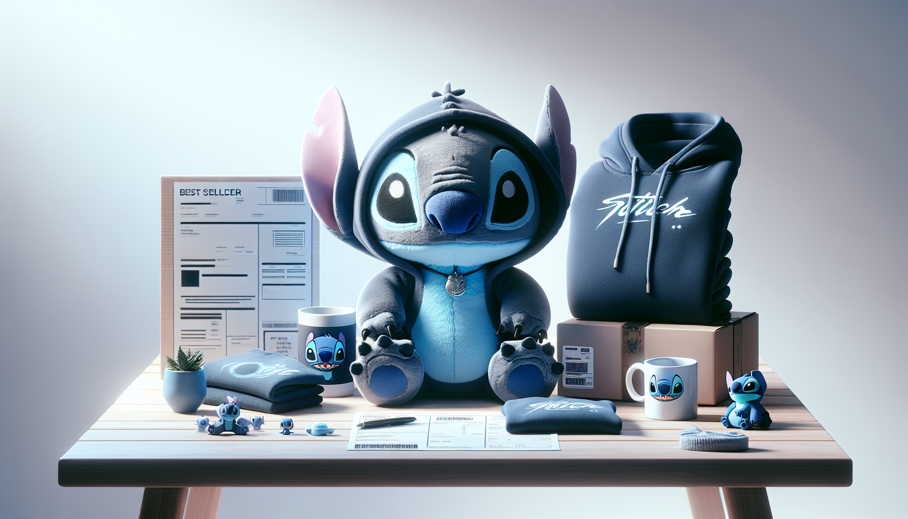 Stitch-inspired merch on a table: blue plush toys, hoodie, mug, figures and keychain, plus a shipping box – e-commerce guide Nerdbutiken.se