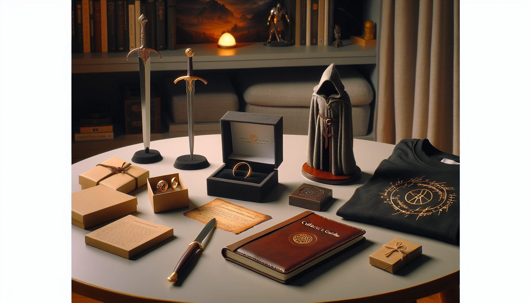 Flat lay on Scandinavian desk environment with fantasy merch: gold ring, sword-shaped letter opener, collector's book, figurine, T-shirt, and gift box.