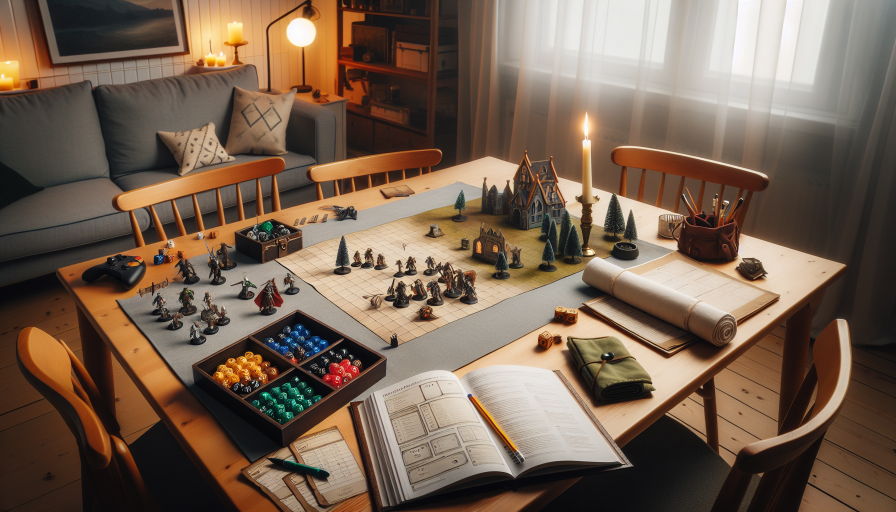 Swedish D&D merch guide: dice, minis, and battle map on a cozy table in a Nordic apartment, budget-friendly tabletop setup with a subtle Swedish flag.