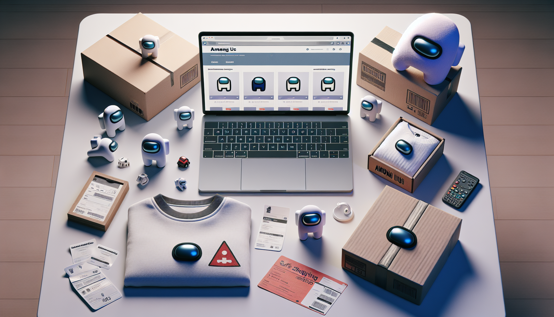 Fotorealistisk desktop med laptop och Among Us‑liknande merch: plushie, t‑shirt och figur, samt fraktkartong och retursedel för trygg e‑handel.