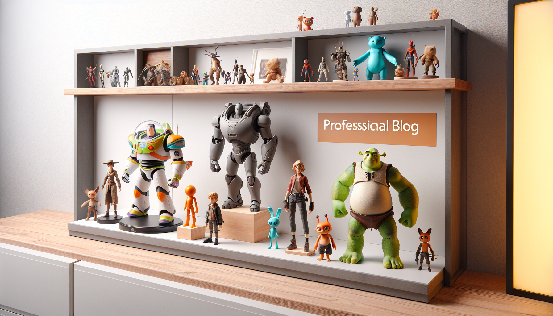 Skandinavisk hyllbild med Toy Story-inspirerade samlarfigurer 8 och 12 cm, PVC och minifigurer, artikulation, premium e-handel i studioljus.