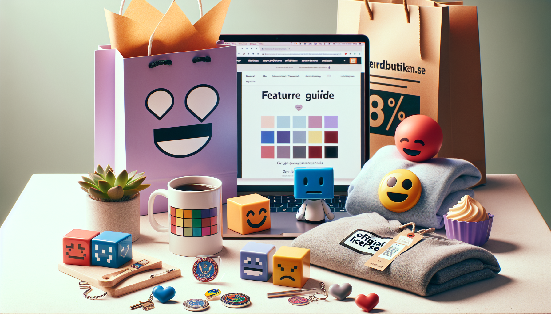 Photorealistic hero image of Inside Out-inspired merch: colorful mug, figure, pins, keychain, and gift box on a table with a webshop in the background.