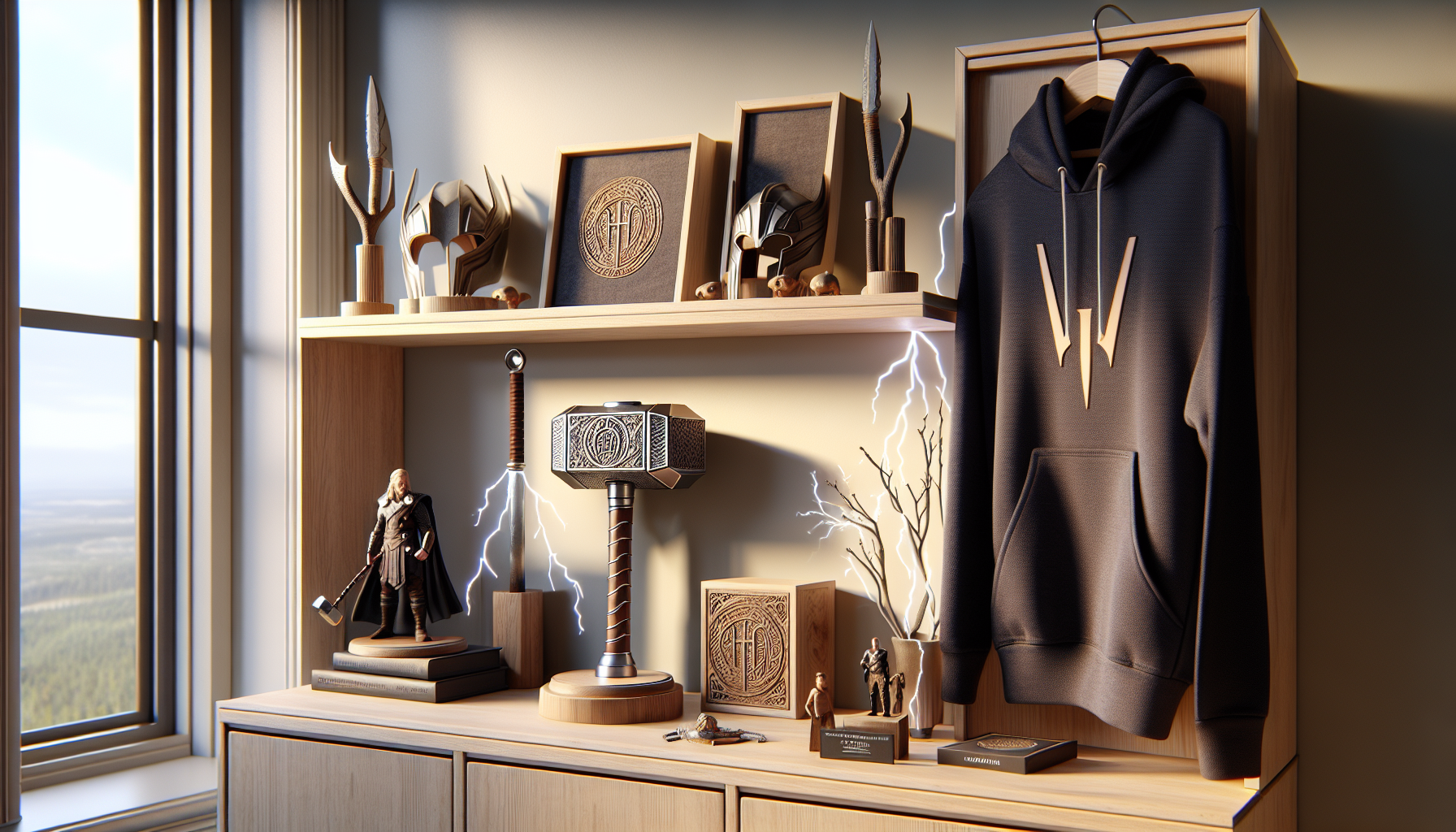 Premium Thor-merch på skandinavisk skrivbordshylla: Mjölnir-hammare, Stormbreaker-yxa, samlarfigur, hoodie och äkthetscertifikat i mjukt ljus.