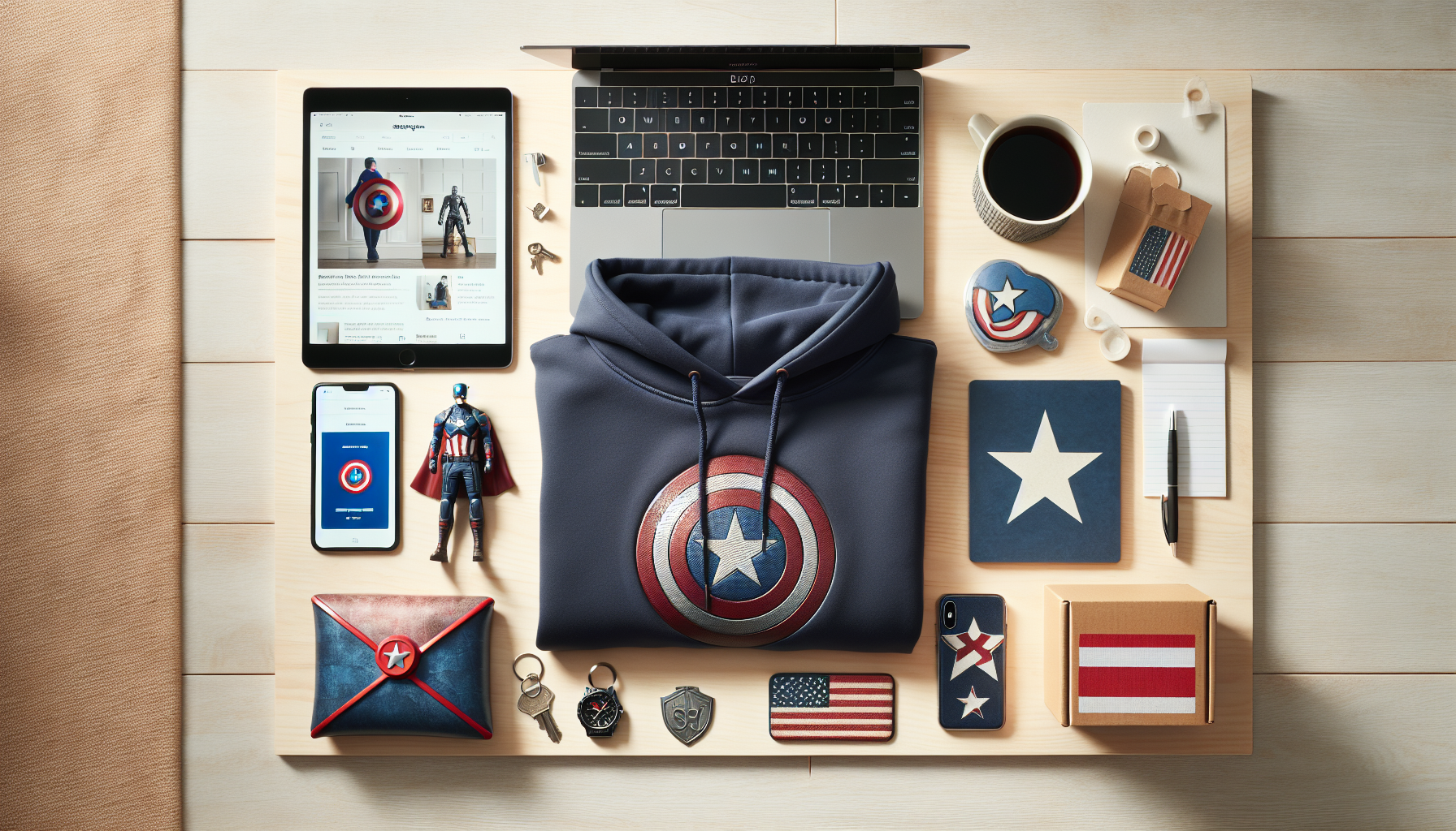 Scandi-desk with Captain America-inspired merch: hoodie, figure, mug, keyring, laptop, and notepad for smart shopping tips in Sweden.