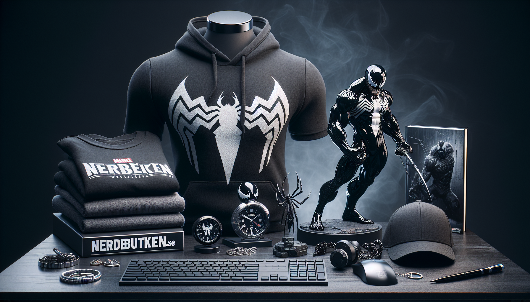 Venom-inspired collector figure and merch on a dark desk with hoodie, cap and keychain – buying guide for Venom merchandise online.