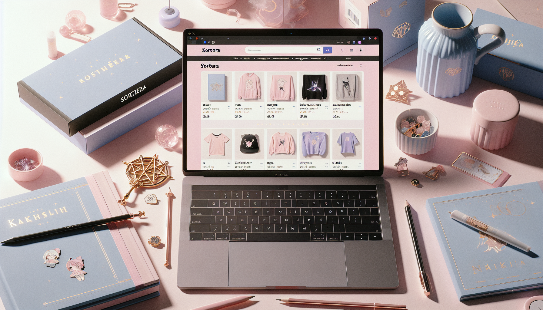 Laptop with Swedish webshop for Sailor Moon merchandise, visible “Sort” menu, and collectibles on a desk in a pastel-colored workspace.