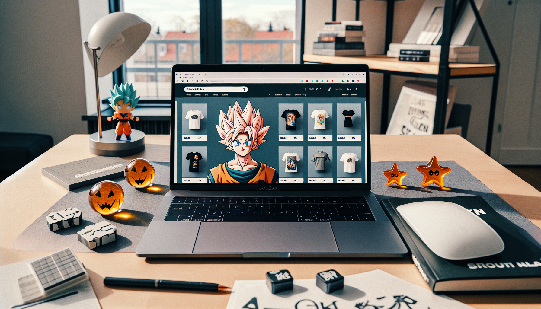 Scandinavian desk with a laptop showing Nerdbutiken.se Dragon Ball-inspired merch and Swedish sorting filters, collectibles in the foreground.