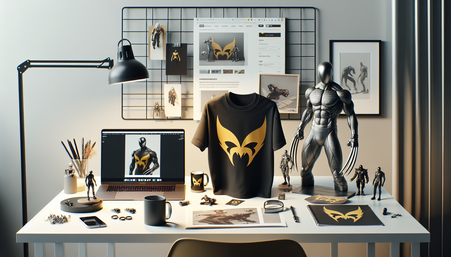 Wolverine-inspired merch on desk: collectible statue, vinyl figure, t-shirt, mug, and keychain, along with a laptop displaying a Swedish e-commerce site.