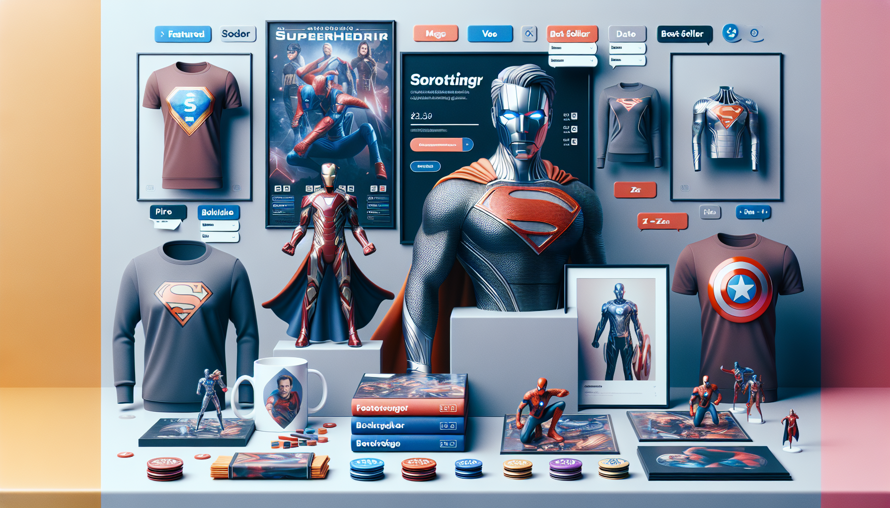 Curated selection of Avengers-inspired merchandise: mug, folded t-shirt, poster, and figure with Swedish filter chips for quick online sorting.