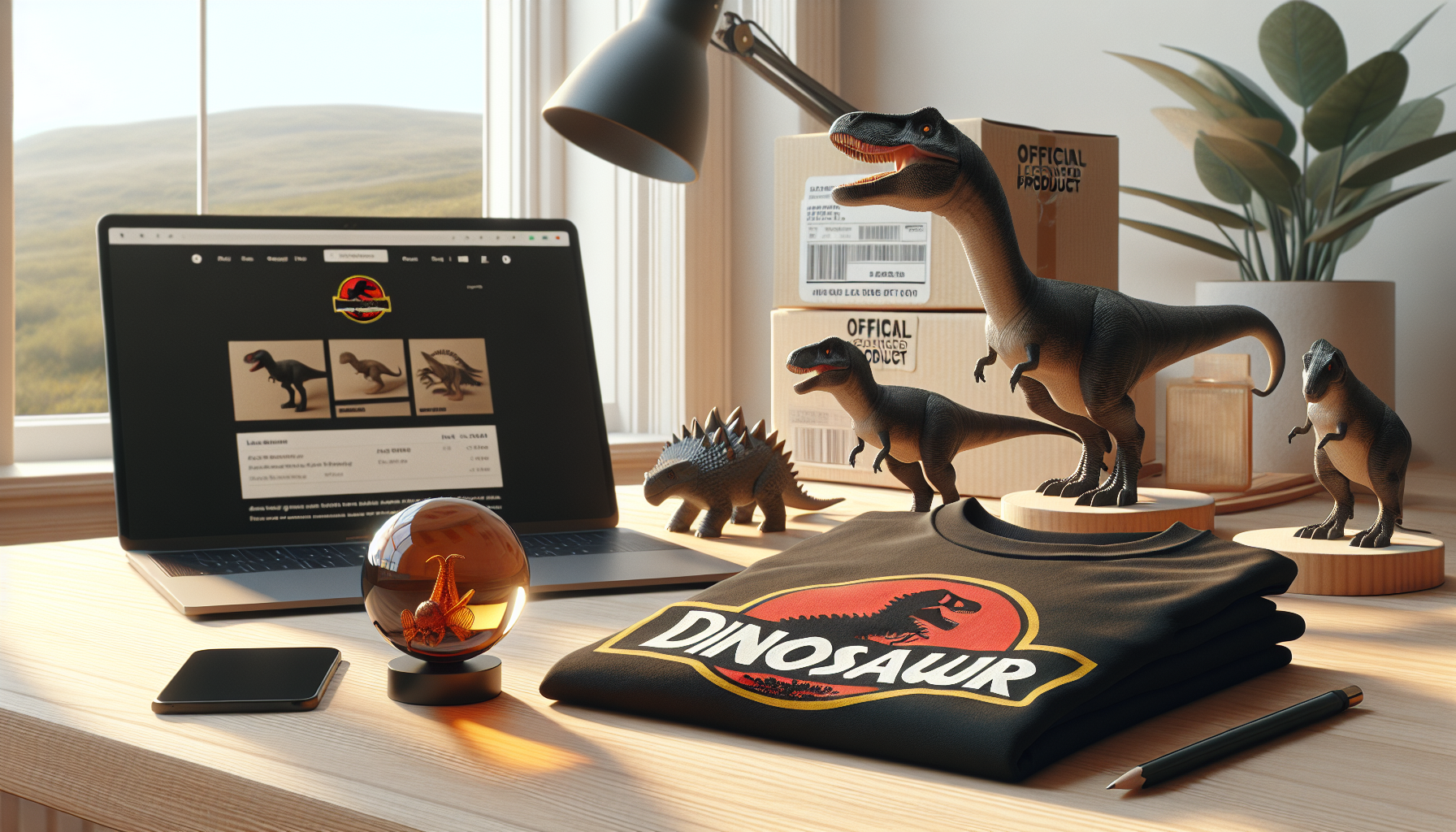 Jurassic Park-merch på nordiskt skrivbord: vikt t-shirt med dinosaurielogo, T‑Rex-figur, amberprydnad och laptop med webbutik i bakgrunden.