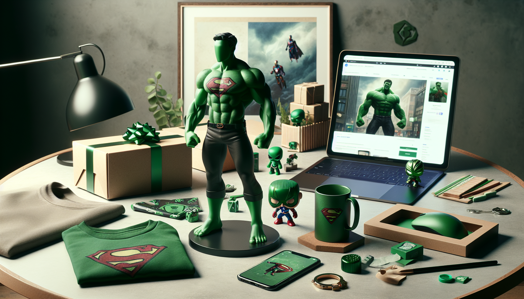Hulk-samlarfigur och merchandise på nordiskt skrivbord: t-shirt, mugg, vinylfigur och presentask, med suddig webbshop i bakgrunden.