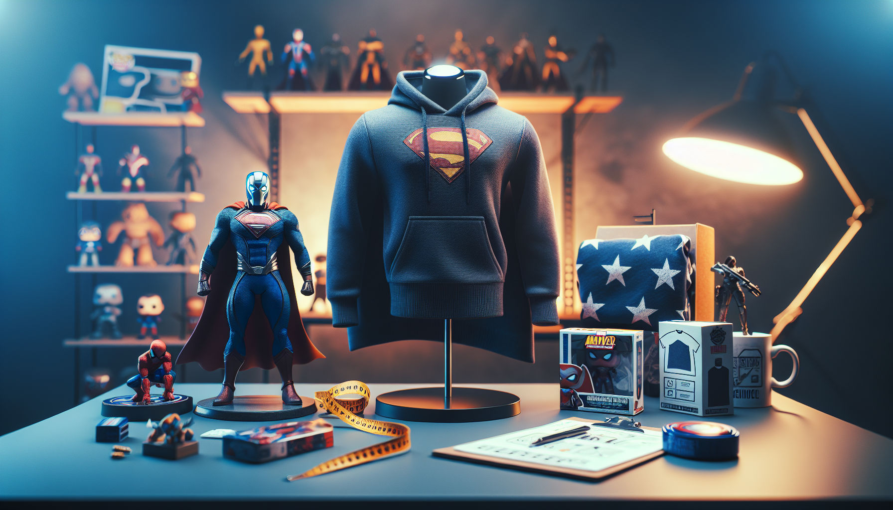 X‑Men merchandise på skrivbord: actionfigur, vinylfigur, statybyst och hoodie i plastfri förpackning med checklista – svensk nördbutik köpguide