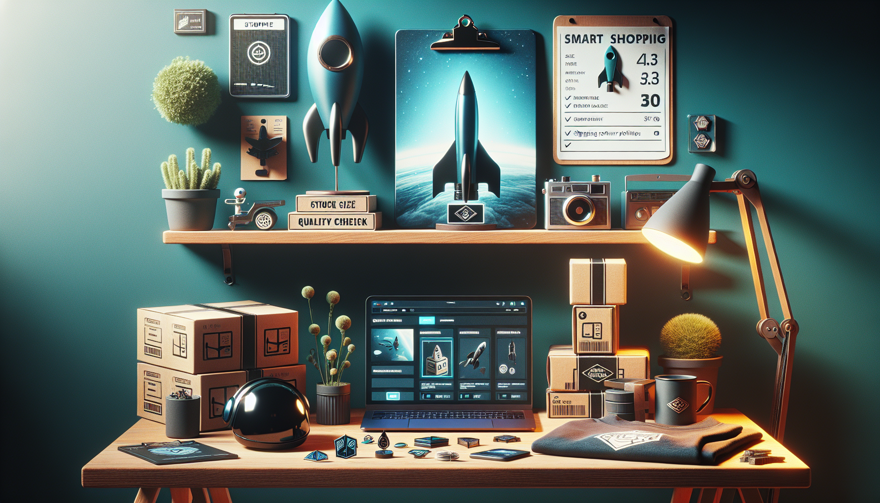 Modern skrivbordsmiljö med rymdäventyrs-merch, laptop för onlineköp och checklista för frakt/retur – Guardians of the Galaxy-inspirerad shopping.