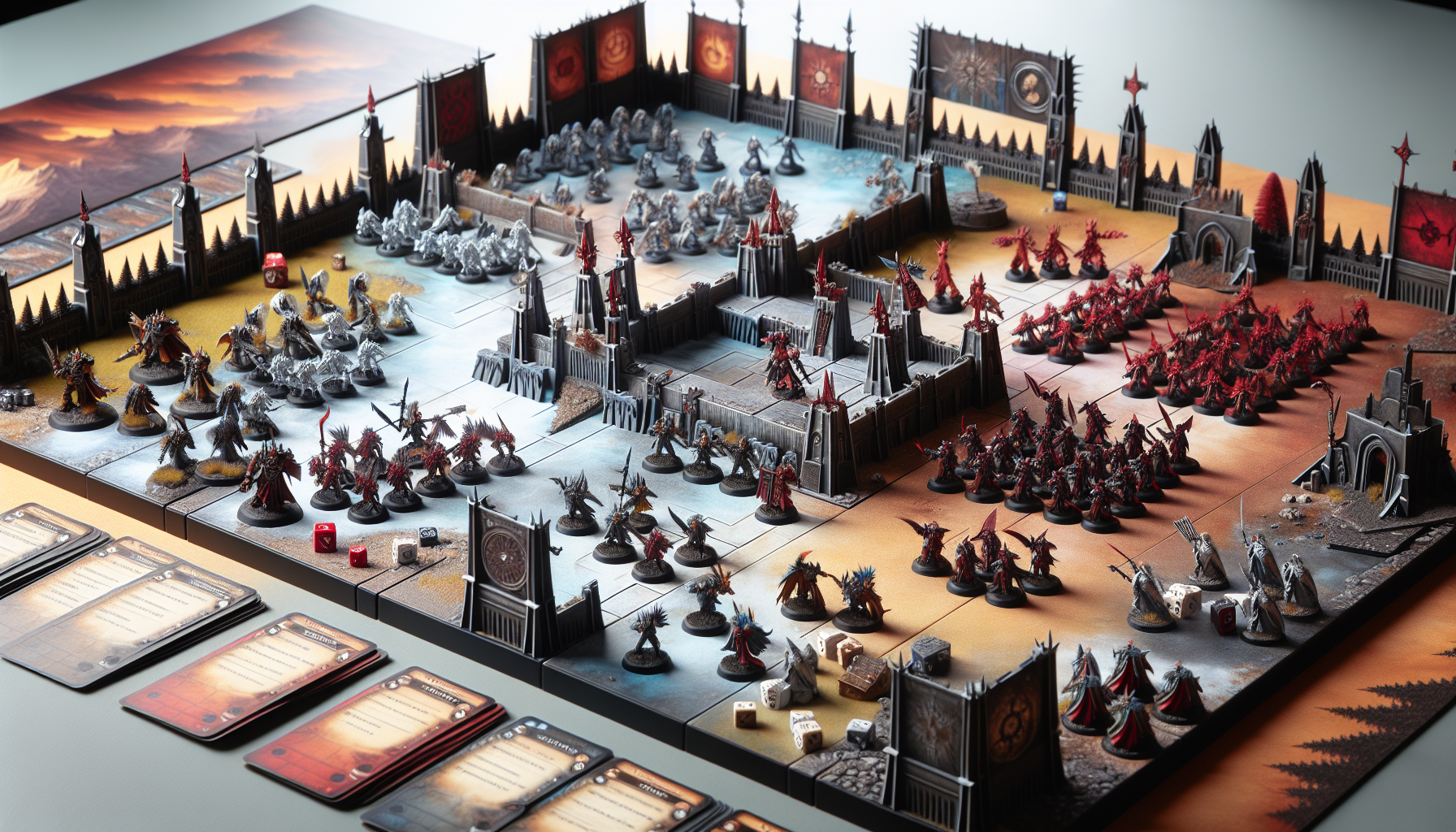 Målade 32mm-miniatyrer i A Song of Ice and Fire: The Miniatures Game på spelbord med terräng, tärningar, kort och NCU-rådsyta.