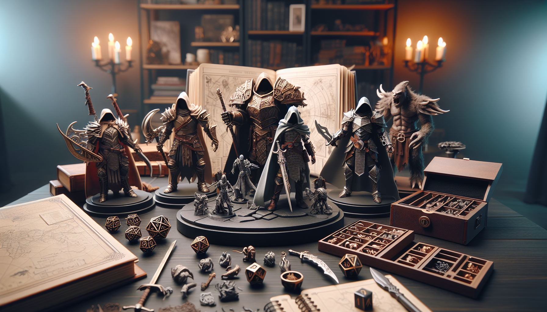 Fantasy action figures on a Scandinavian shelf with interchangeable parts, dice, and a map – collector's guide on kitbashing and customizing.
