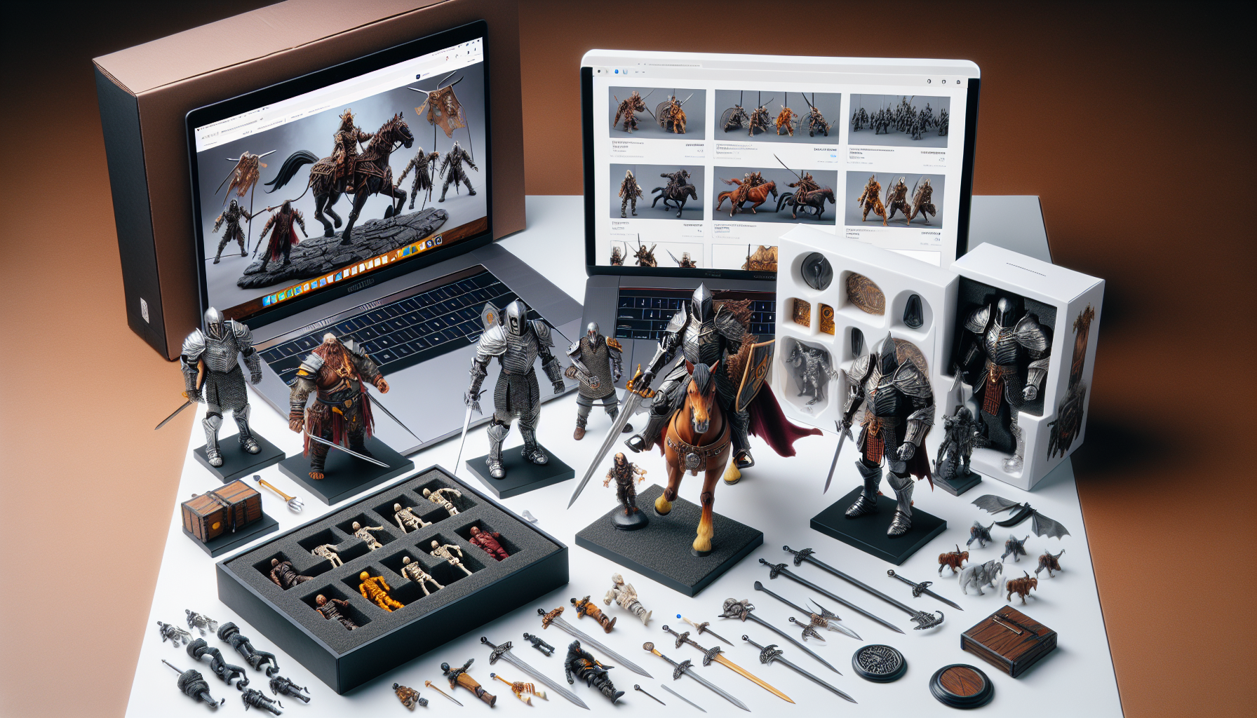 Premium fantasy-style action figures with accessories and collector's box on a desk, laptop with webshop in the background – guide for Swedish collectors.