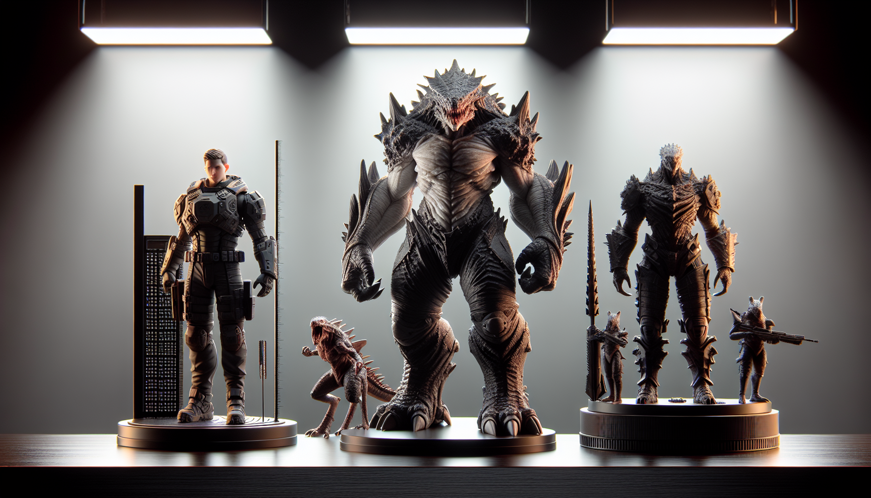 Predator collectibles on a desk: poseable action figure, battle-damaged resin statue, and bust on a black pedestal with LED lighting in a studio.