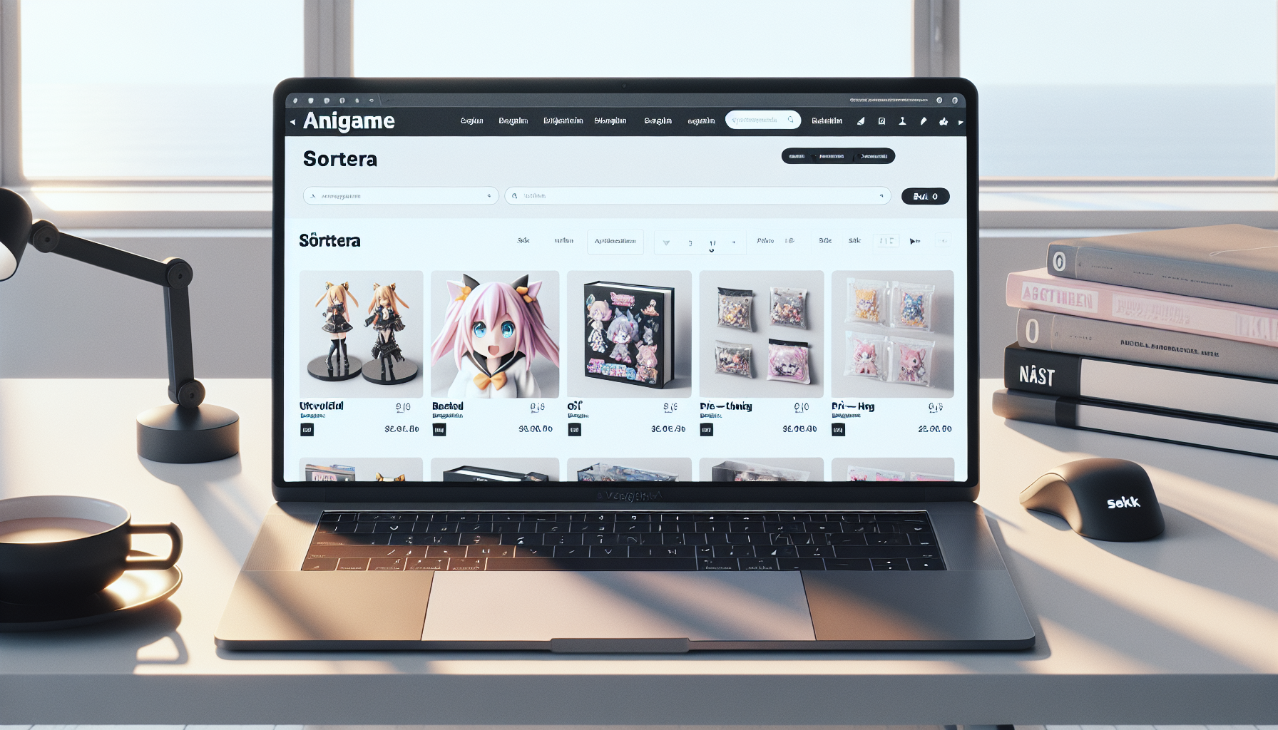 Laptop on a minimalist desk with a Swedish e-commerce site âAniGameâ; the Sort menu is open and anime figures/merch with prices in SEK.