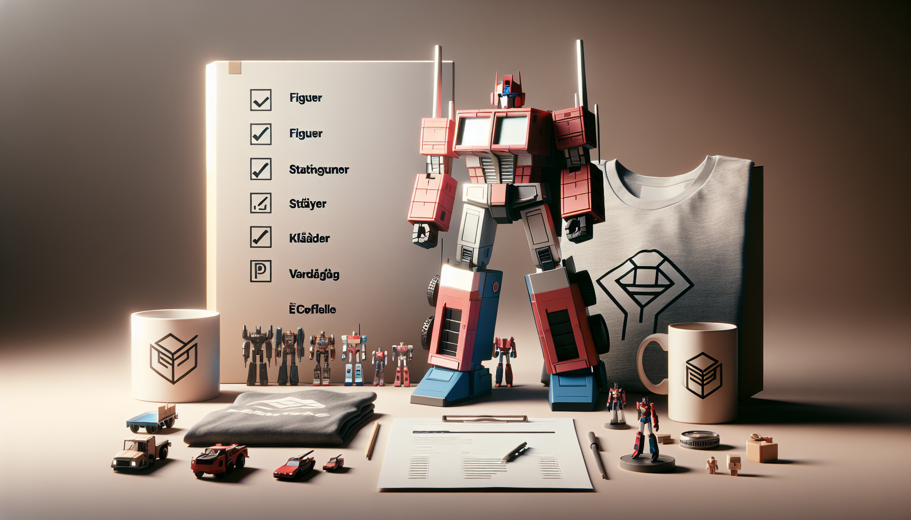 Red-blue transforming robot figure on a Scandinavian desk with merch: T-shirt, mug, small figures, and shipping box – Nerdbutiken.se