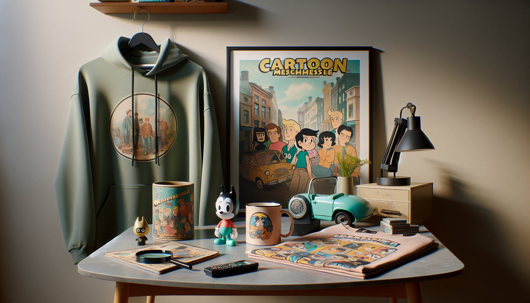 Scooby-Doo merchandise på bord: T-shirt, hoodie, mugg, poster och vinylfigur i ljus hemmamiljö – perfekt för fans och samlare.